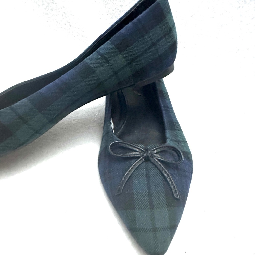 J.Crew 8.5 Black Watch Tartan Plaid Pointed Toe Ballet Flats Bow Dark Academia
